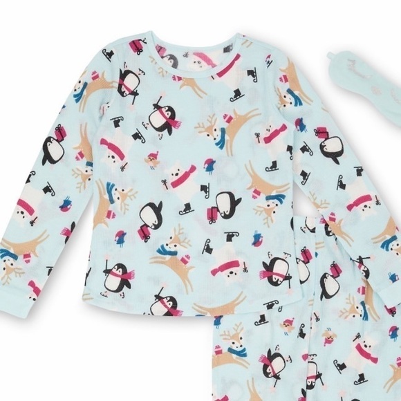 NWT Girls Thermal Pajamas 3 Piece Set with Sleep Mask Holiday Penguin Reindeer - Picture 2 of 5